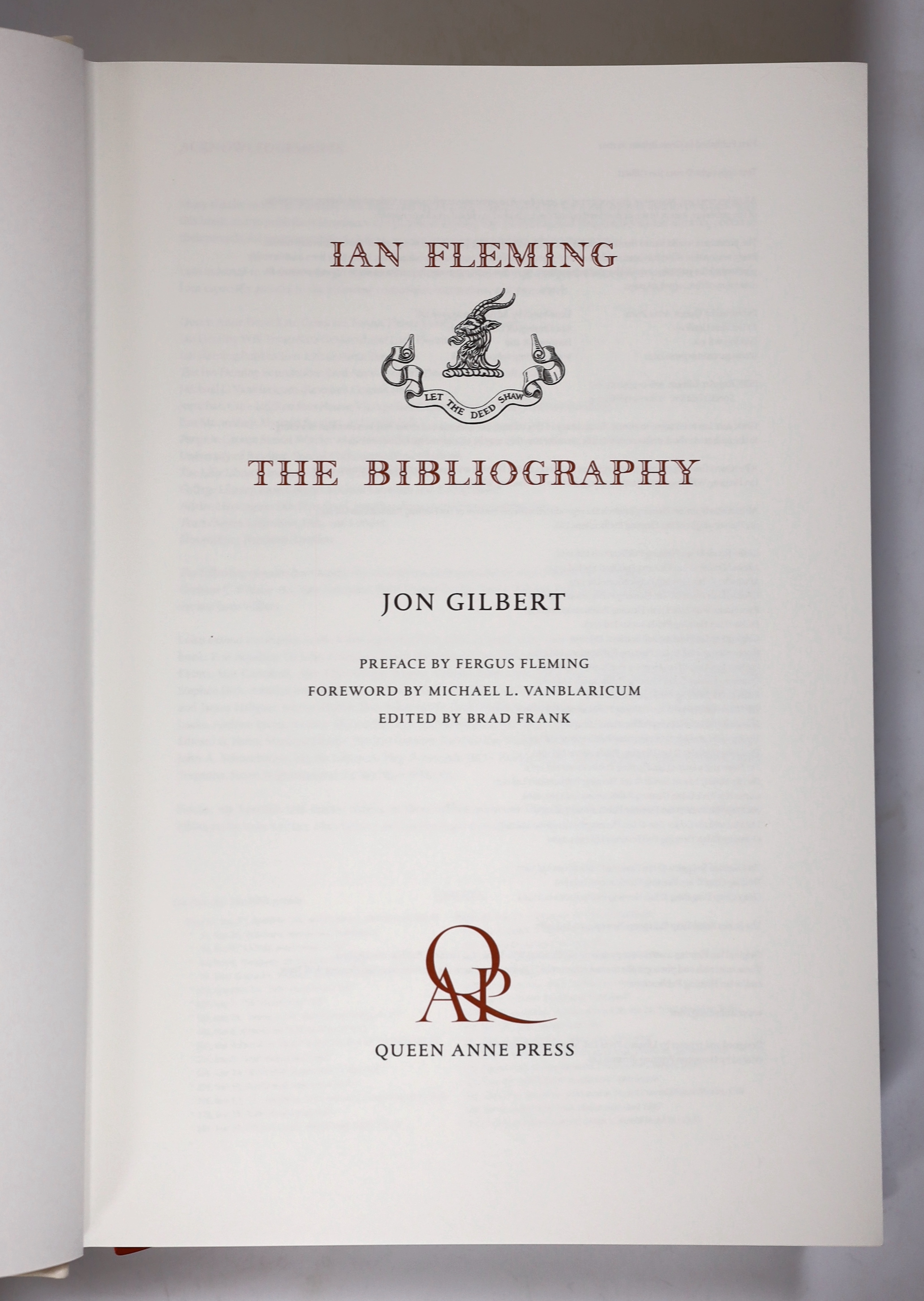 Gilbert, Jon - Ian Fleming: The Bibliography, 1st edition , folio, quarter vellum, portrait frontispiece, colour plates and black and white illustrations to text, Queen Anne Press, London, 2012, in slip case.